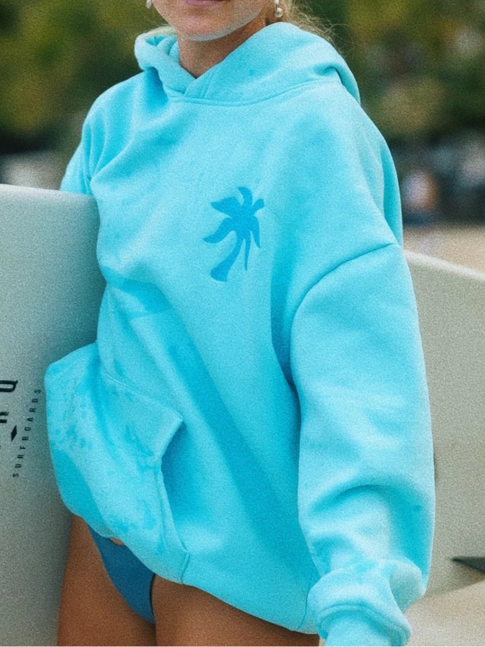PINK PALM PUFF HAWAII HIBISCUS HOODIE AQUAMARINE- XXS